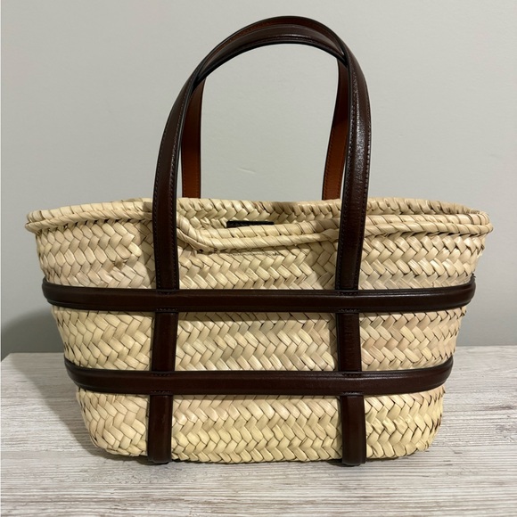 Tory Burch Brown and Tan Small Ella Straw Basket Tote Bag - Picture 6 of 10